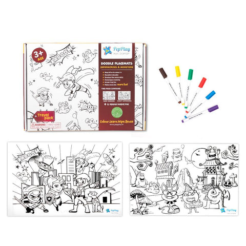 Doodle Placemats Travel Set - Superheroes & Monster