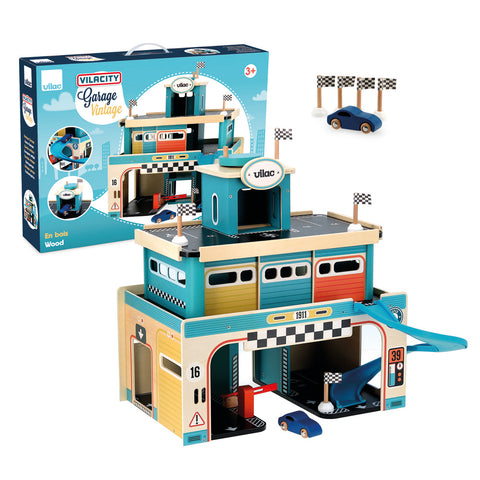Vilac Vintage Wooden Toy Garage with Car Lift and Spiral Ramp