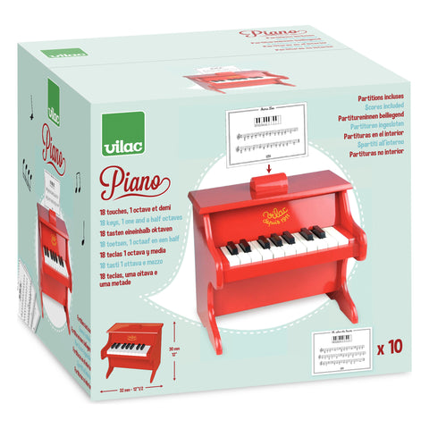 Vilac Wooden Toy Piano, 18 Keys with Scores, Red