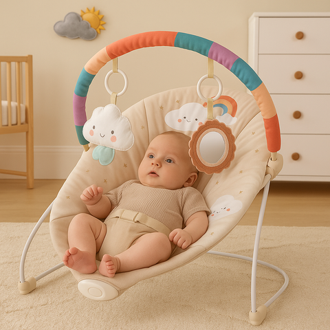 Baby relaxing in Jumini bouncer chair with soft plush materials