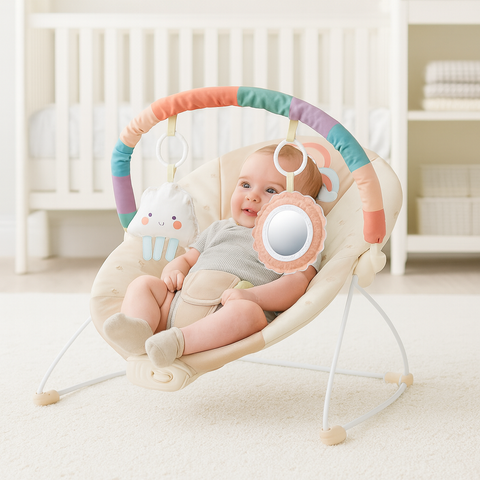 Newborn baby in Jumini soothing bouncer with sensory toys